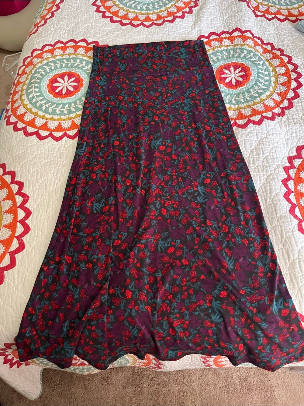 LuLaRoe Burgundy Maxi Skirt with Fall Red Floral Print